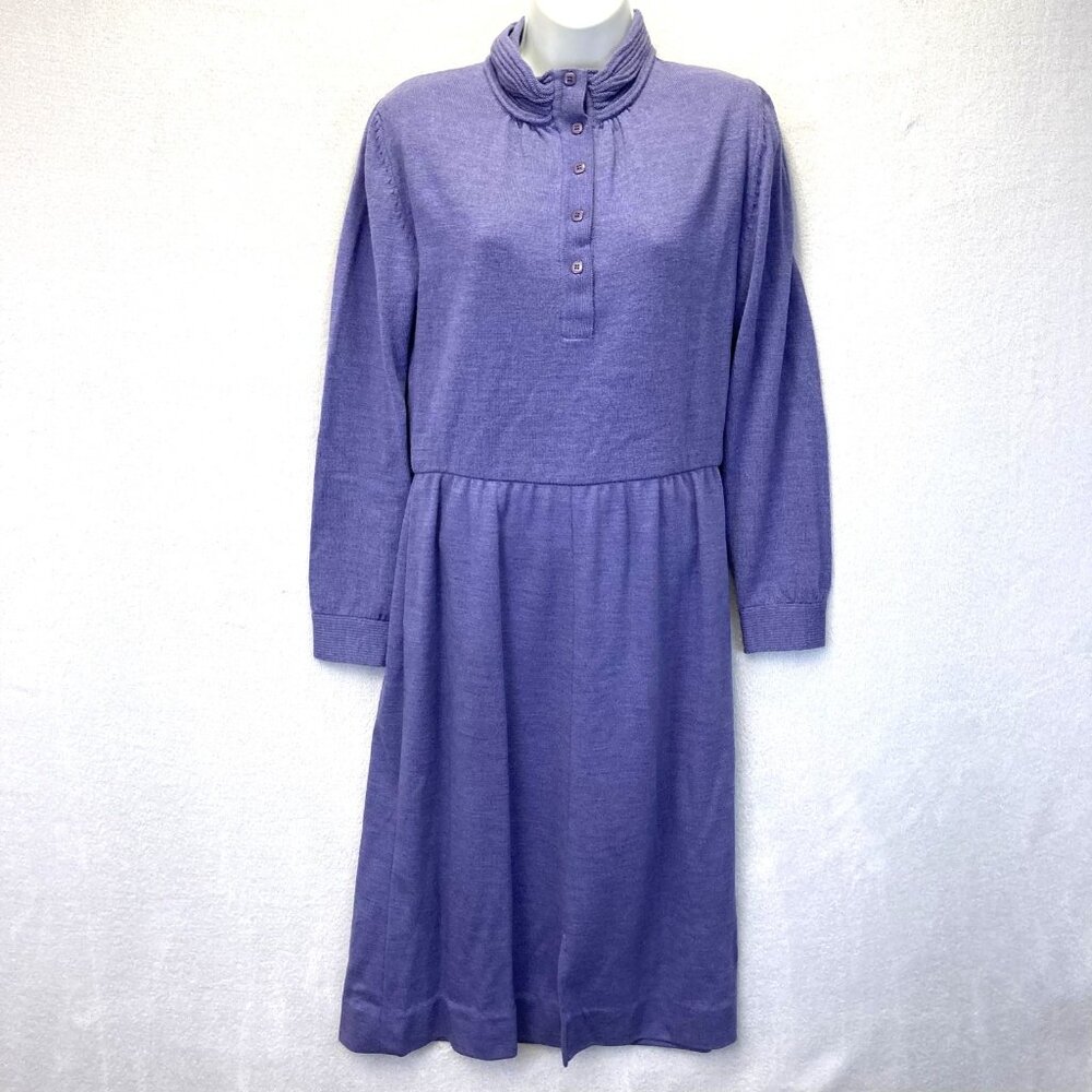 Vintage 80s Ciao Ltd Wool Midi Sweater Dress Womens 10 Purple Long‎ Sleeve Mock